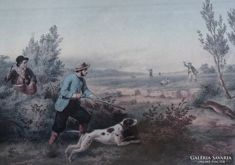 Rabbit hunting, 42 x 31 cm hunting scene graphic print, under glass, in an elegant frame