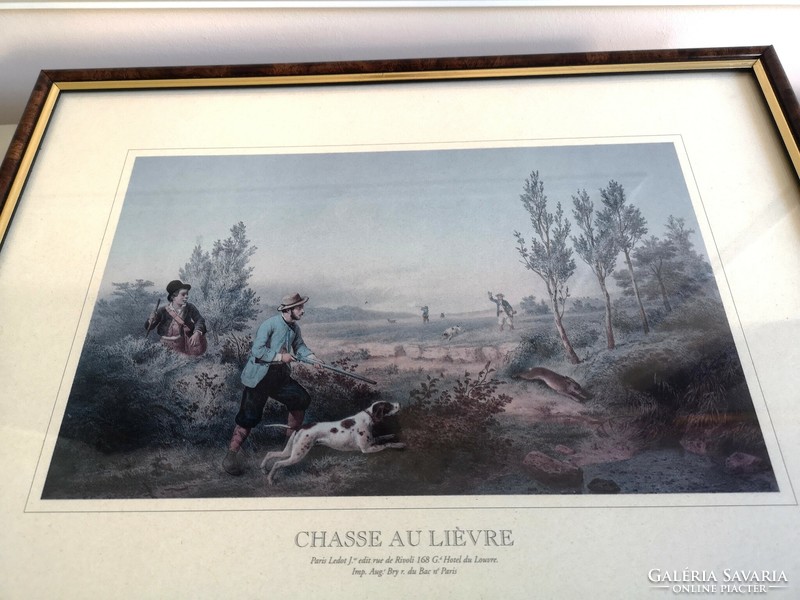 Nyúlvadászat, 42 x 31 cm vadászjelenetes grafikai nyomat, üveglap alatt, elegáns keretben
