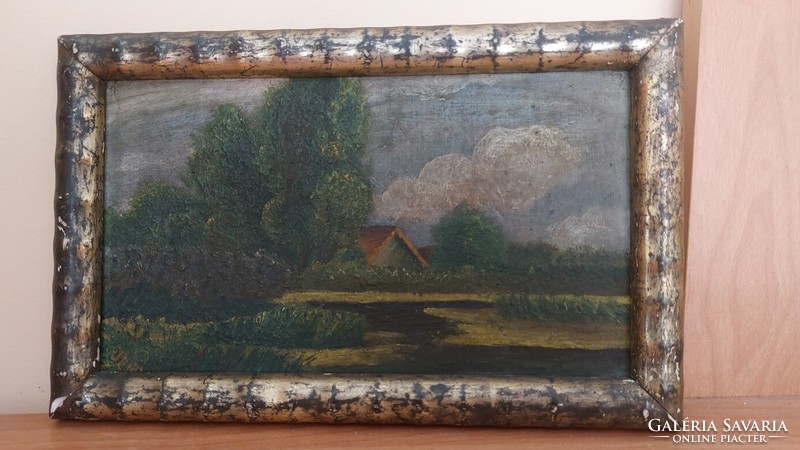 Apró kis tájkép festmény kis tanyával 26x16 cm kerettel