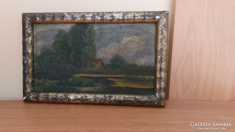 Apró kis tájkép festmény kis tanyával 26x16 cm kerettel