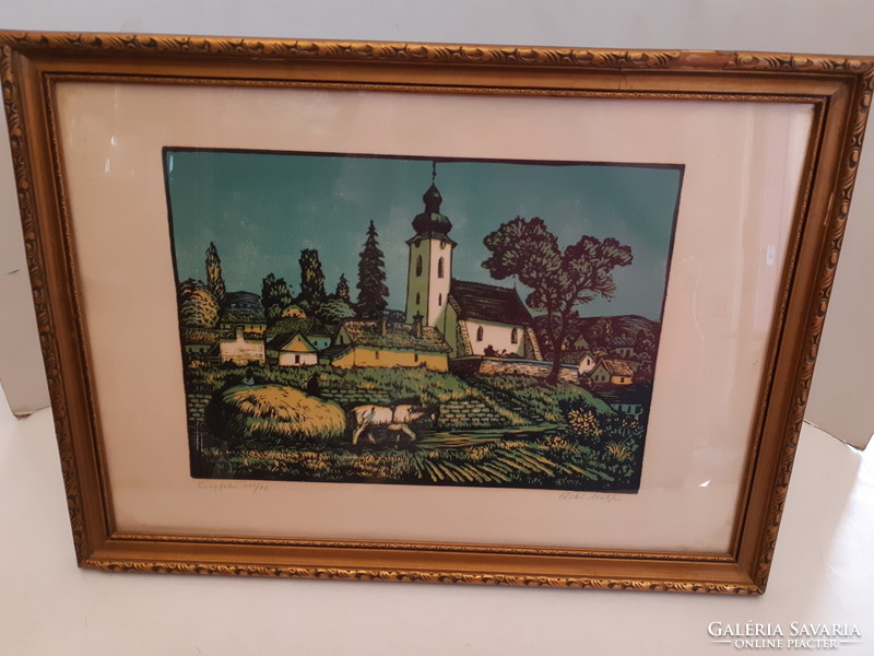 Mátyás Réti: Tiszadob church old village linocut contemporary image