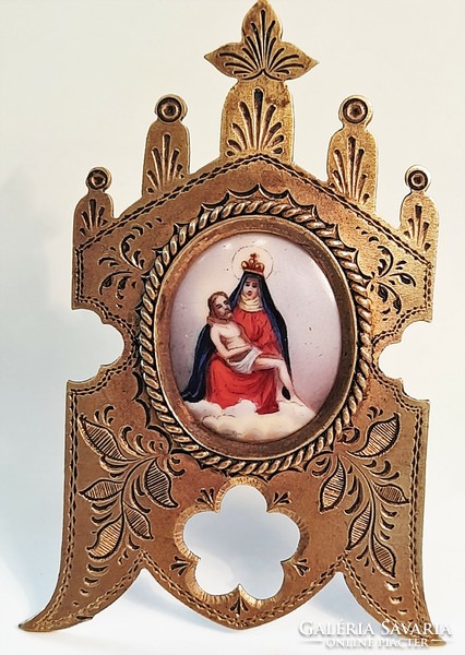 Antique hand-painted porcelain inlay with copper frame pieta favor object