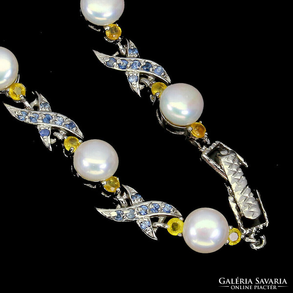 Real cultured pearl and sapphire 925 sterling silver bracelet