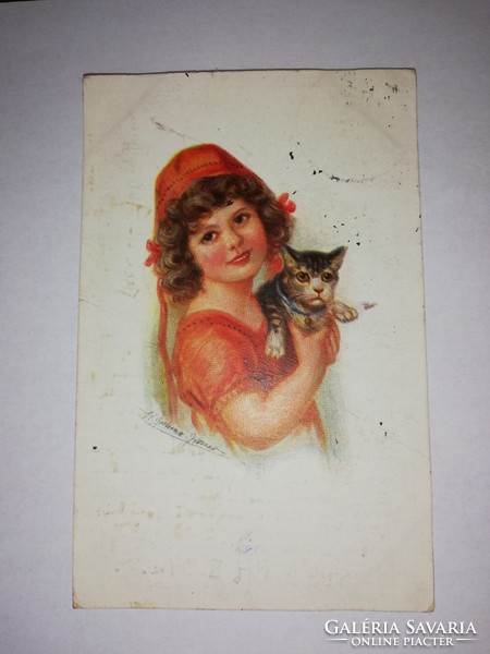 Grafikai Amag művészlap, kislány cicával. 1922.   255.