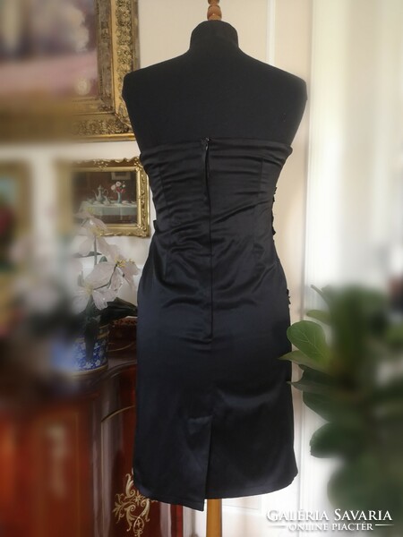 Lulumary 38 black, cotton satin, decorative casual dress, special side pleat, 3d appliqué l