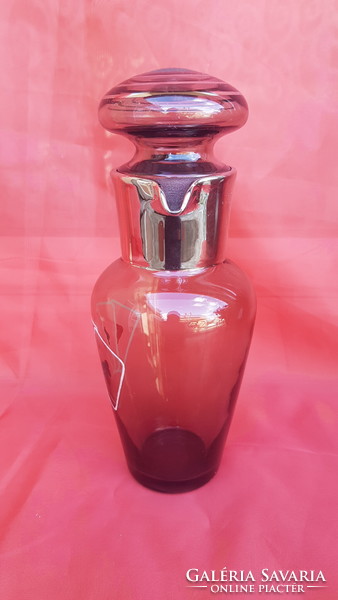 Art Deco Smoke Color 2 Sided Pouring Glass Bottle with Glass Stopper French Card Motif
