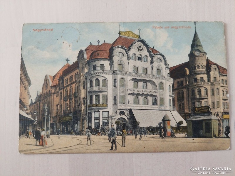 Nagyvárad, Fekete sas nagyszálloda, 1910-es évek, régi képeslap, életkép, utcakép, üzletek