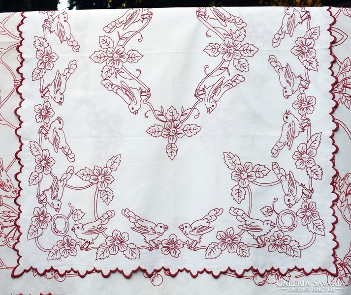 Embroidered red and white folk needlework table cloth centerpiece with bird, mauve flower pattern 108x81cm