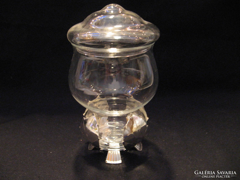 Glass container with lid in a silver-plated leaf-shaped stand