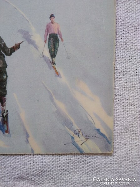 Antik olasz művészlap/képeslap havas hegyek, síelők 1933