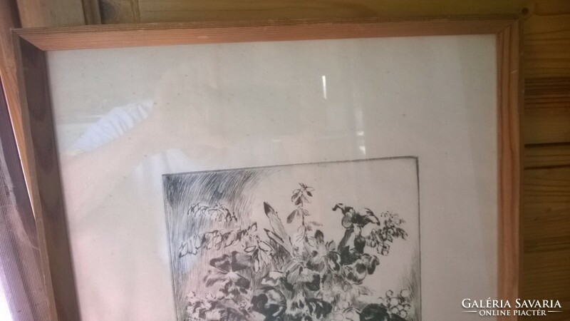 Aukciós festőnk-Biai Föglein (1905-1974) Virágcsendélet rézkarc, jelz.,ü.alatt kerettel