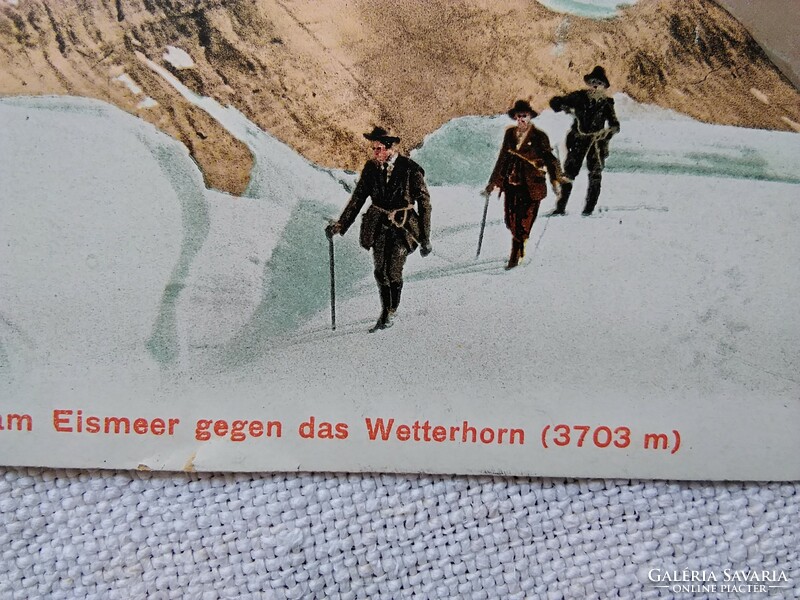 Antik színezett képeslap Svájc havas hegyek, Wetterhorn, hegymászók 1911