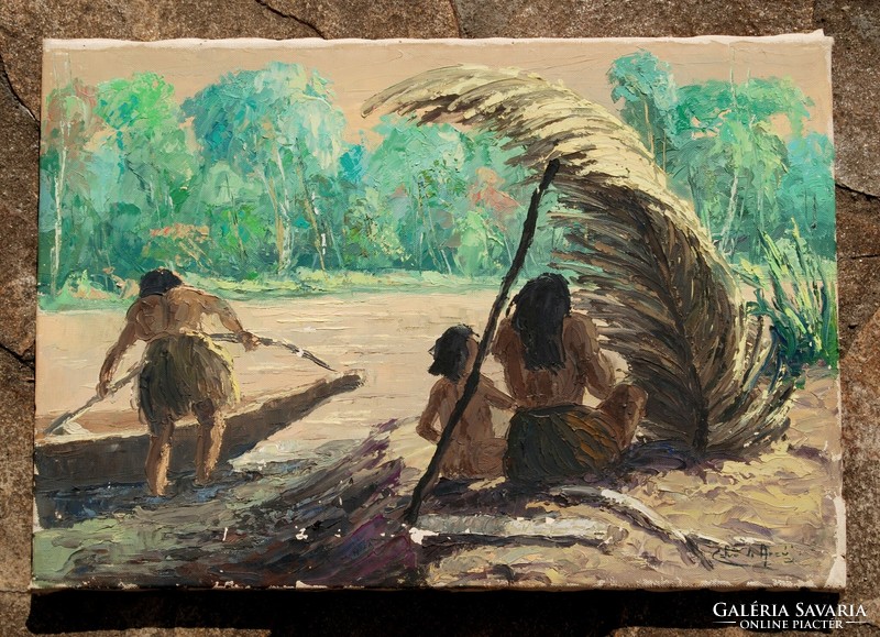 Cesar Calvo de Araujo (1910-1970): Bennszülött család az iquitosi dzsungelben - perui, olaj-vászon
