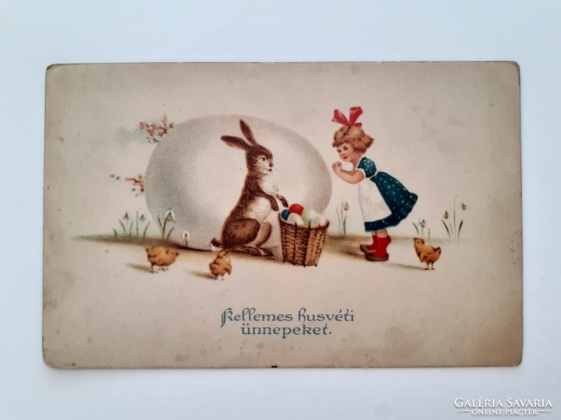 Old Easter postcard cartoon postcard bunny egg little girl