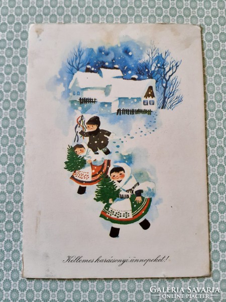 Régi karácsonyi képeslap rajzos népviseletes gyerekek levelezőlap