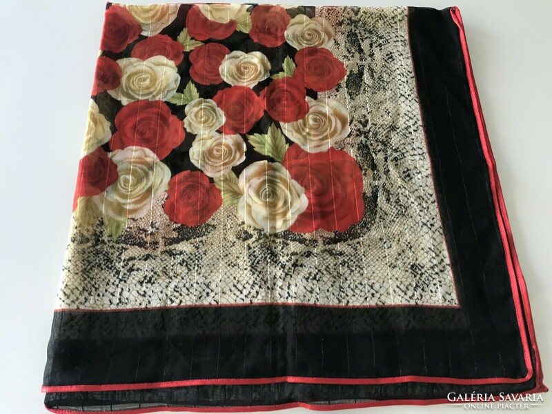 Silk scarf with red and yellow roses with red silk border, 95 x 95 cm