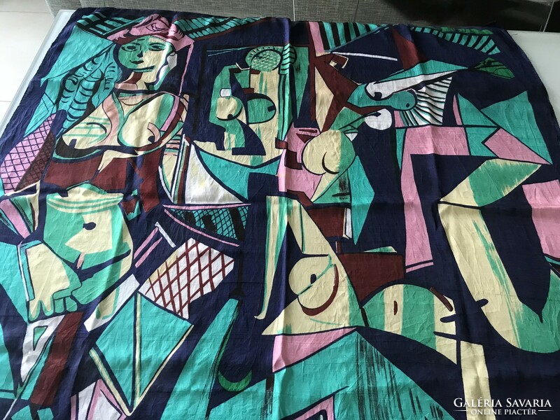 Silk scarf painting with print, 105 x 100 cm