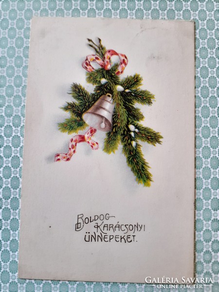 Old Christmas postcard 1929 pine branch bell postcard