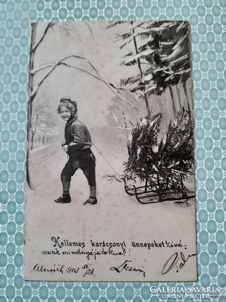 Régi karácsonyi fotó képeslap 1903 kisfiú szánkó levelezőlap