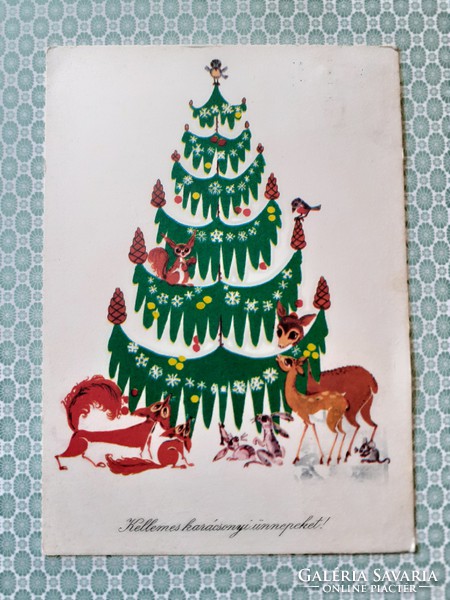 Régi karácsonyi rajzos képeslap 1976 erdei állatok retro levelezőlap