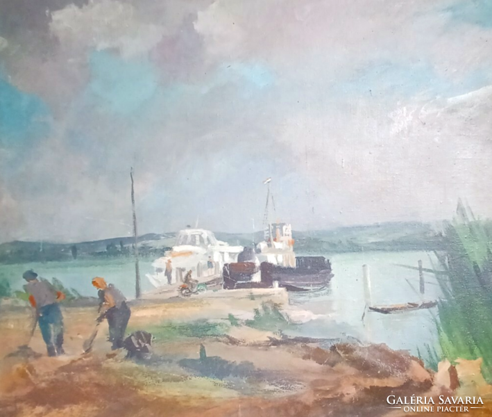 Port life - social real oil painting (65×55 cm) - waterfront workers