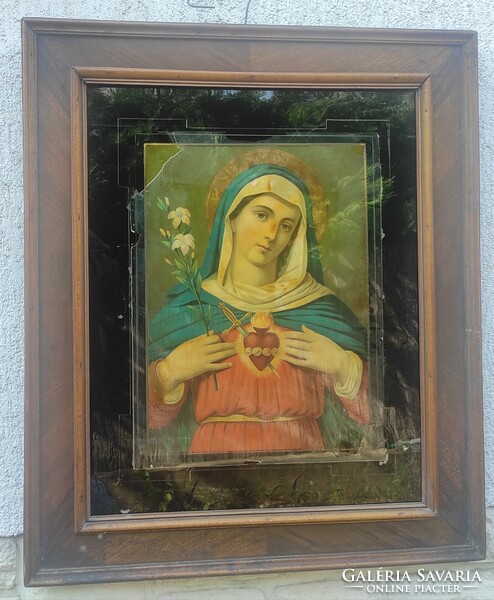 Antik üveg szent kép házi àldàs széles fakeret,kép keret legalább 100 éves.Boldogsàgos Szűz Mária!..