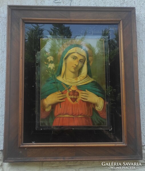 Antique glass holy picture homemade wide wooden frame, picture frame at least 100 years old. Blessed Virgin Mary!..