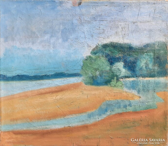 Désső Orbán: waterfront landscape (old oil canvas marked, 40x35 cm)