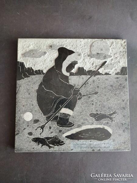 Siku stone - stone plaque depicting an Eskimo fisherman - ep