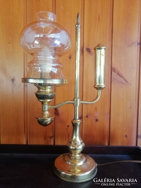 Szecessziós stílusú réz asztali lámpa mart üveg búrával. Alkudható!
