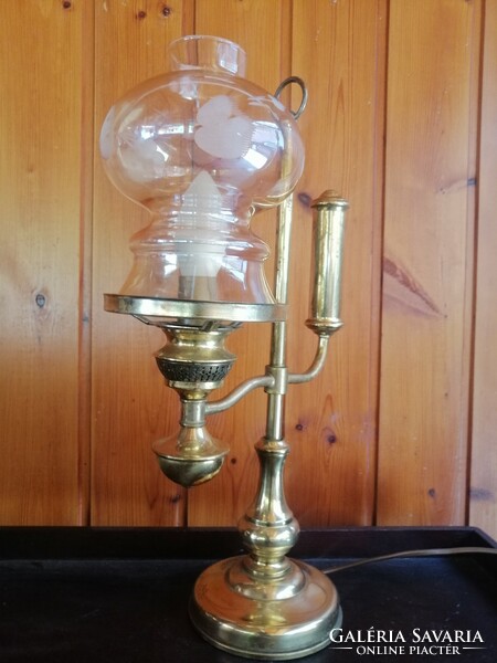 Szecessziós stílusú réz asztali lámpa mart üveg búrával. Alkudható!