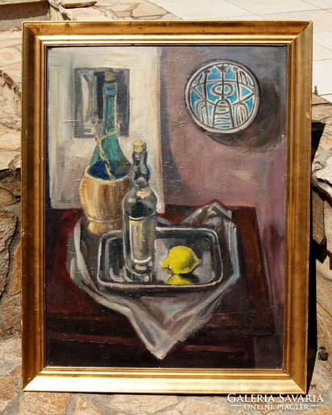 Vályi Csaba (1937-2018): Csendélet citrommal és fali tállal, 1978 - keretezett olajfestmény
