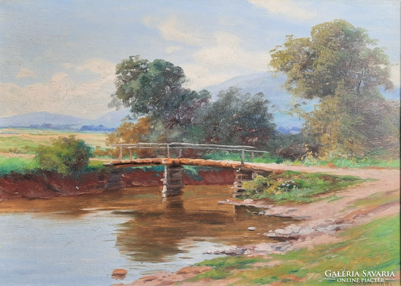 Szontágh Tibor (1873 - 1930): Patakparton (olajfestmény keretben) híd a folyócskán, tájkép