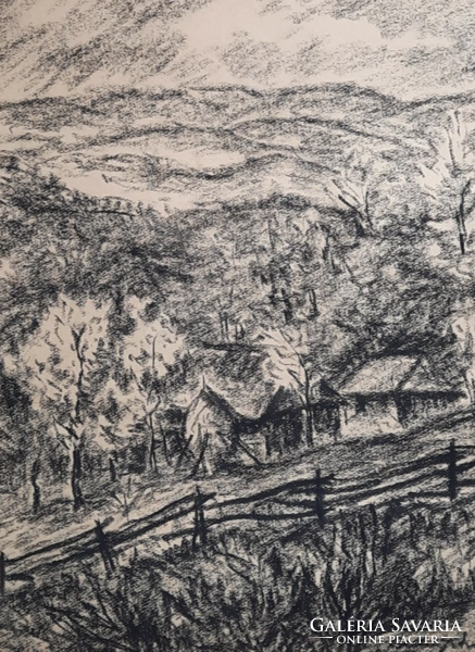 István Bede: early spring in the beech, 1967 (charcoal drawing in frame 47x40 cm) cottages in the mountains, nature