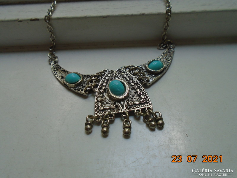 Silver-plated filigree embossed with small flowers, turquoise stones, handmade tribal necklaces