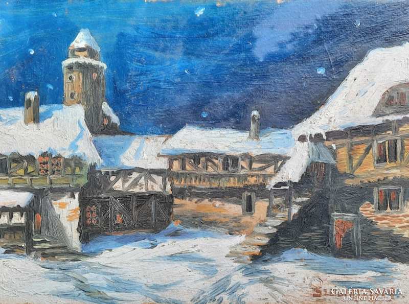Szeibert: Házikók a hóesésben, 1929 (olaj, fa, 21x29) karácsonyi hangulat, téli utcakép, téli táj
