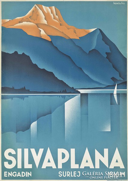 Vintage art deco travel advertising poster reprint print switzerland alps landscape lake mountains sailing ship