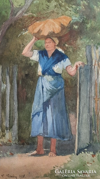 Varsányi asszony, 1908 (akvarell) palóc népviselet, felföldi viselet, portré - azonosítatlan alkotó