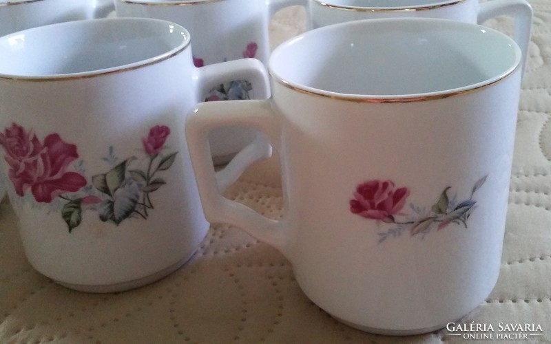 Old Chinese porcelain rose pattern / floral mug set (6 pieces)