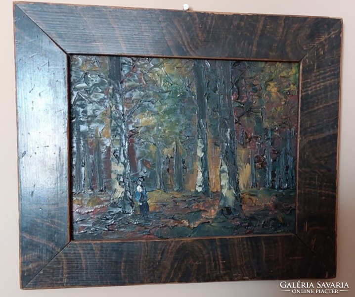(K) beautiful painting of a forest interior, with a small figure in a 34x30cm frame.