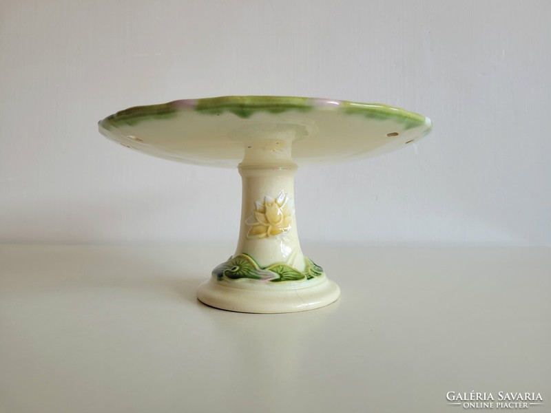 Old Körmöcbánya majolica pedestal bowl Art Nouveau water lily openwork earthenware cake