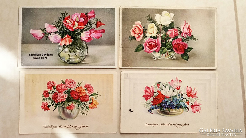 Régi képeslap 4 db virágos rózsás üdvözlőlap 1940 körül