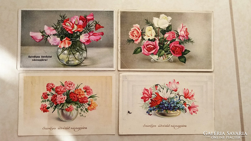 Régi képeslap 4 db virágos rózsás üdvözlőlap 1940 körül