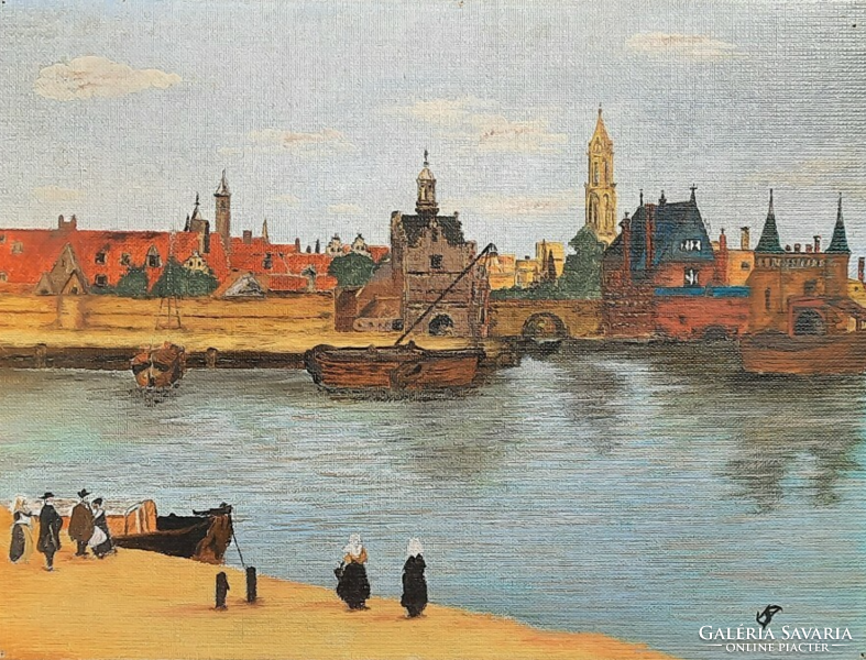 Város a folyó partján (olaj, 30x40 cm) városkép, utcakép - Hollandia?