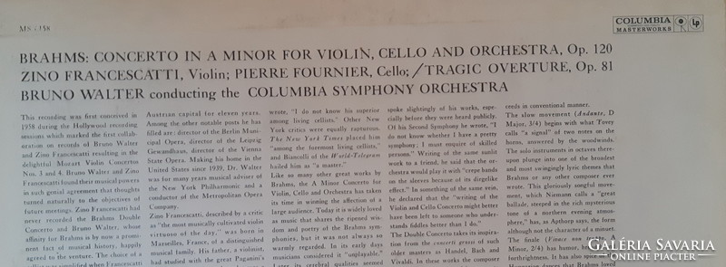 Brahms concerto for violin & cello, tragic overture bruno walter lp vinyl record