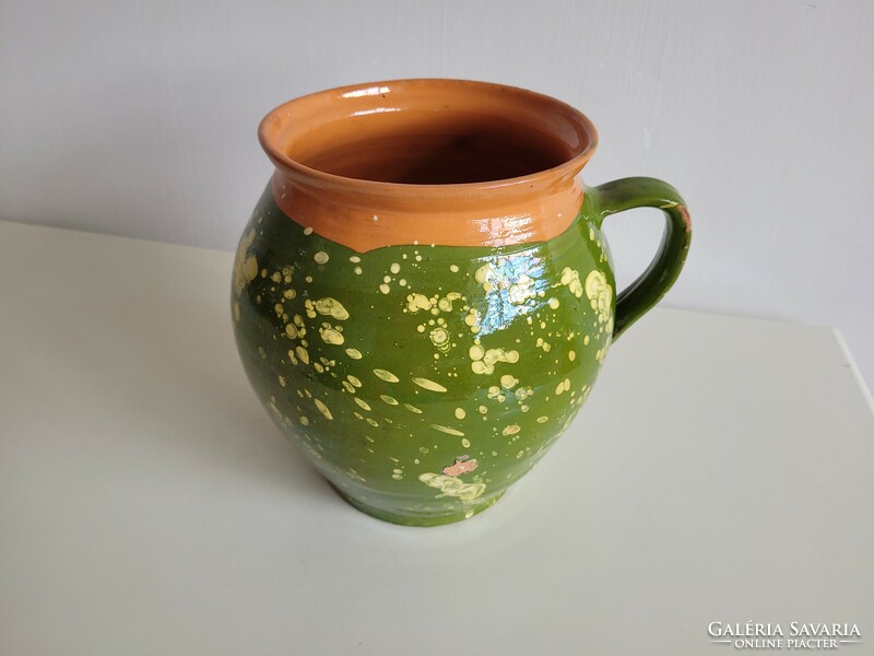 Old vintage green glazed folk earthenware pot pot pot with handle jug spout earthenware jug 24 cm