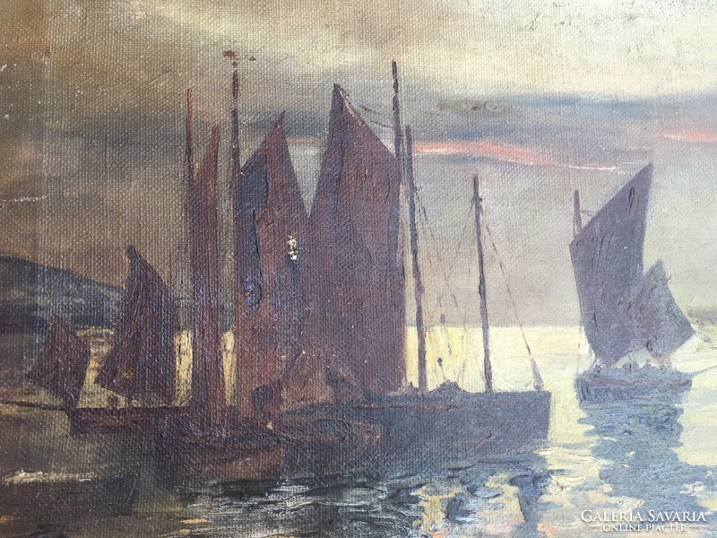 Boats oil painting on rough canvas - may be from the 1800s