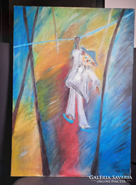 Akrobata bohóc, 1996 (olaj, vászon, 70x50 cm) cirkuszi jelenet, modern, kortárs