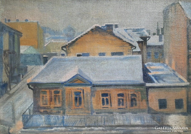 Snowy street scene (oil on canvas with frame 60x80 cm)