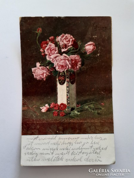 Régi képeslap virágos rózsás levelezőlap